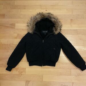 Andrew Marc Black Quilted Jacket with Raccoon Fur Hood